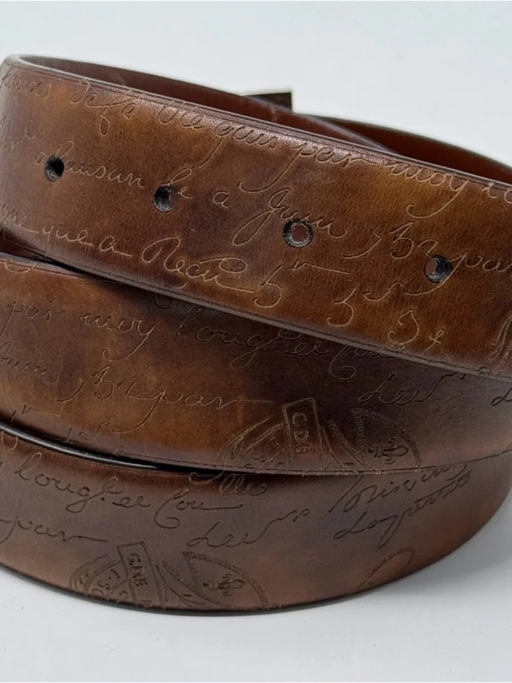 Berluti Paris Hand Tooled Script Leather Belt Patina Italy Size 100 - Picture 2 of 4